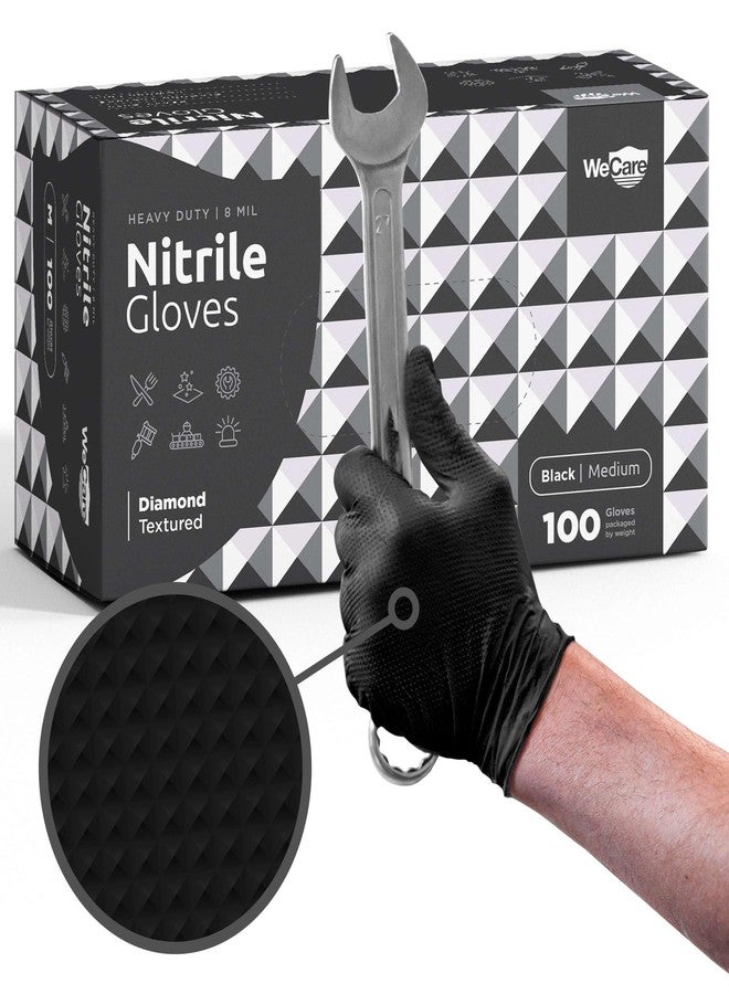 WECARE Black 8 Mil Nitrile Gloves Medium 100 Pack - Heavy Duty Mechanic Gloves, with Diamond Grip - Powder and Latex Free Disposable Gloves - Image 1